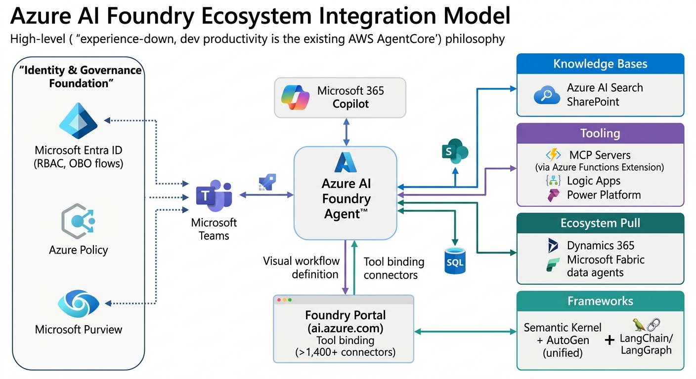 A high-level technical architecture diagram illustrating how Azure AI Foundry Agent orchestrates and integrates with various Microsoft services and external tools, adhering to an "experience-down, dev productivity" philosophy. The diagram is divided into sections showing