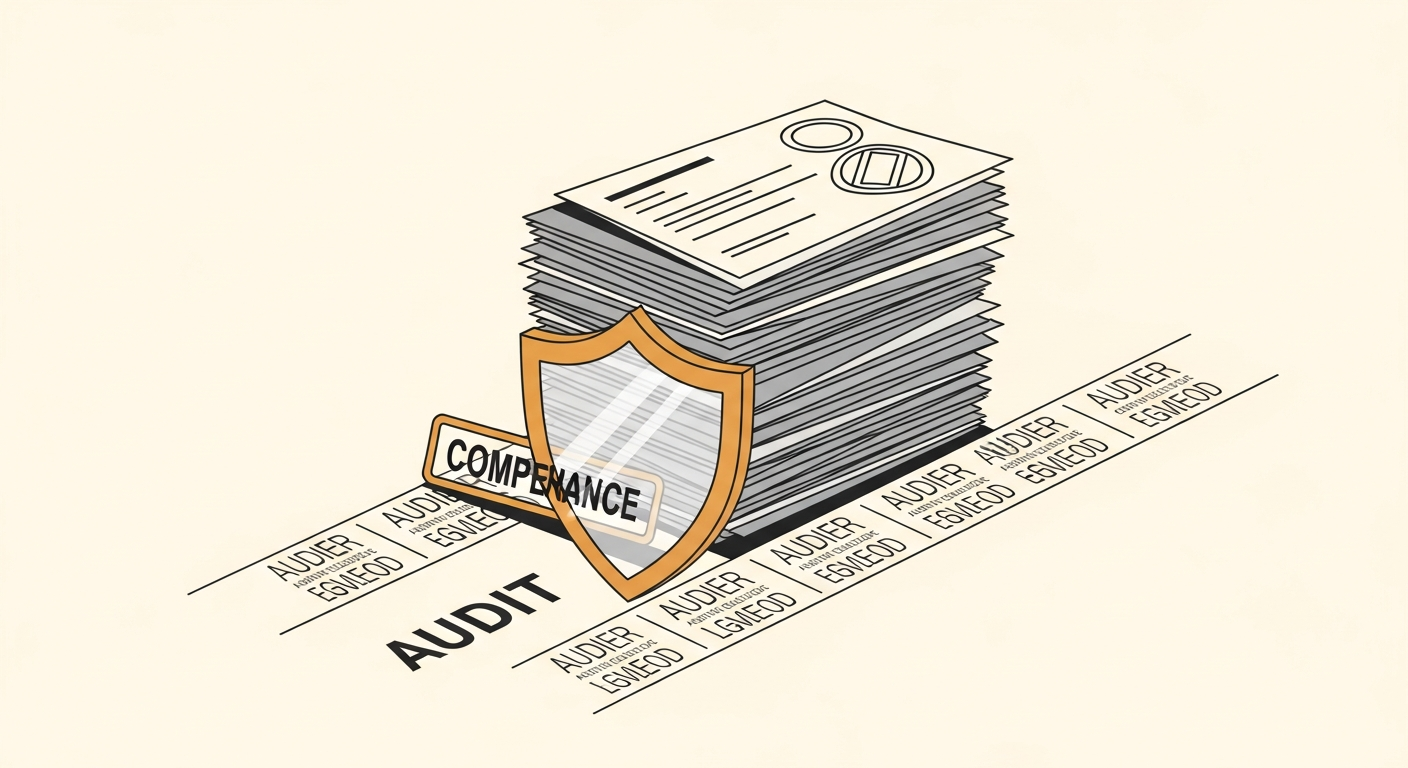 Editorial illustration: a stack of compliance documents resting beneath a single transparent governance shield with audit ledger lines flowing along the lower margin.