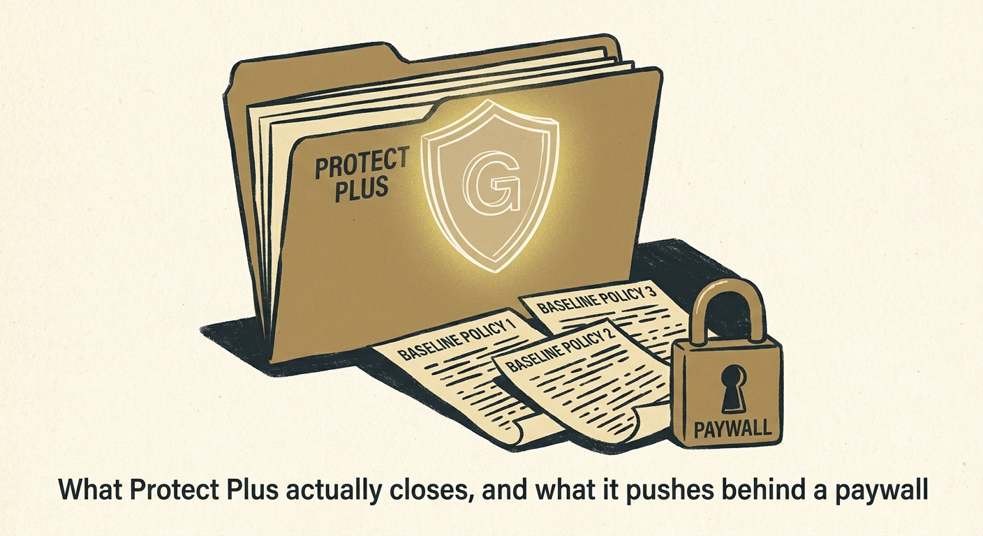 Editorial illustration: a procurement folder labeled "Protect Plus" with a transparent governance shield in front; underneath, a stack of three baseline policy pages partially hidden behind a paywall icon at the lower right.