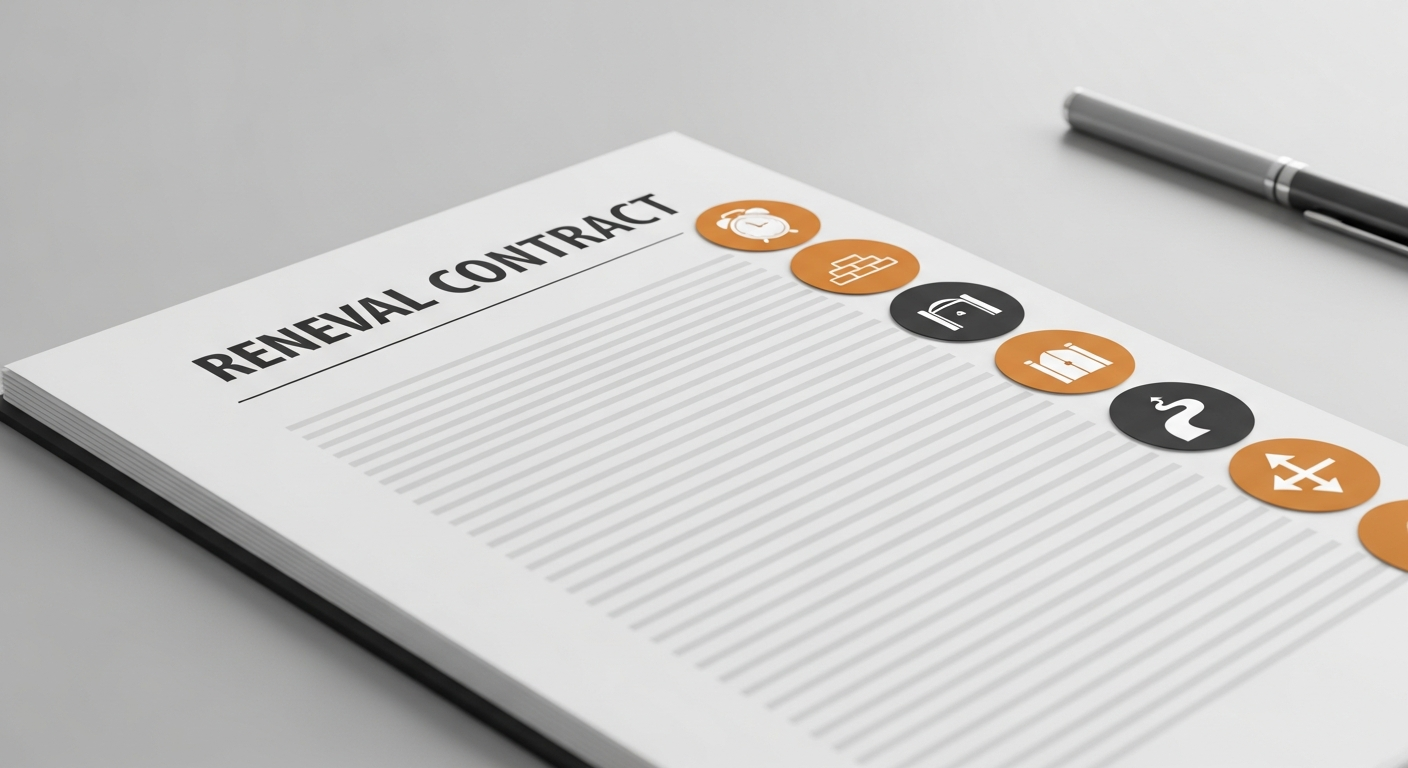 Editorial illustration: a renewal contract document spread open on a desk with five circular signal markers running along its margin.