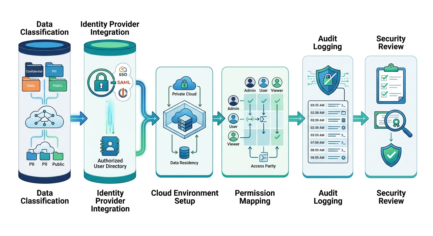 A sequential workflow diagram starting with data classification and identity provider integration, moving through cloud environment setup and permission mapping, and concluding with audit logging and final security review.