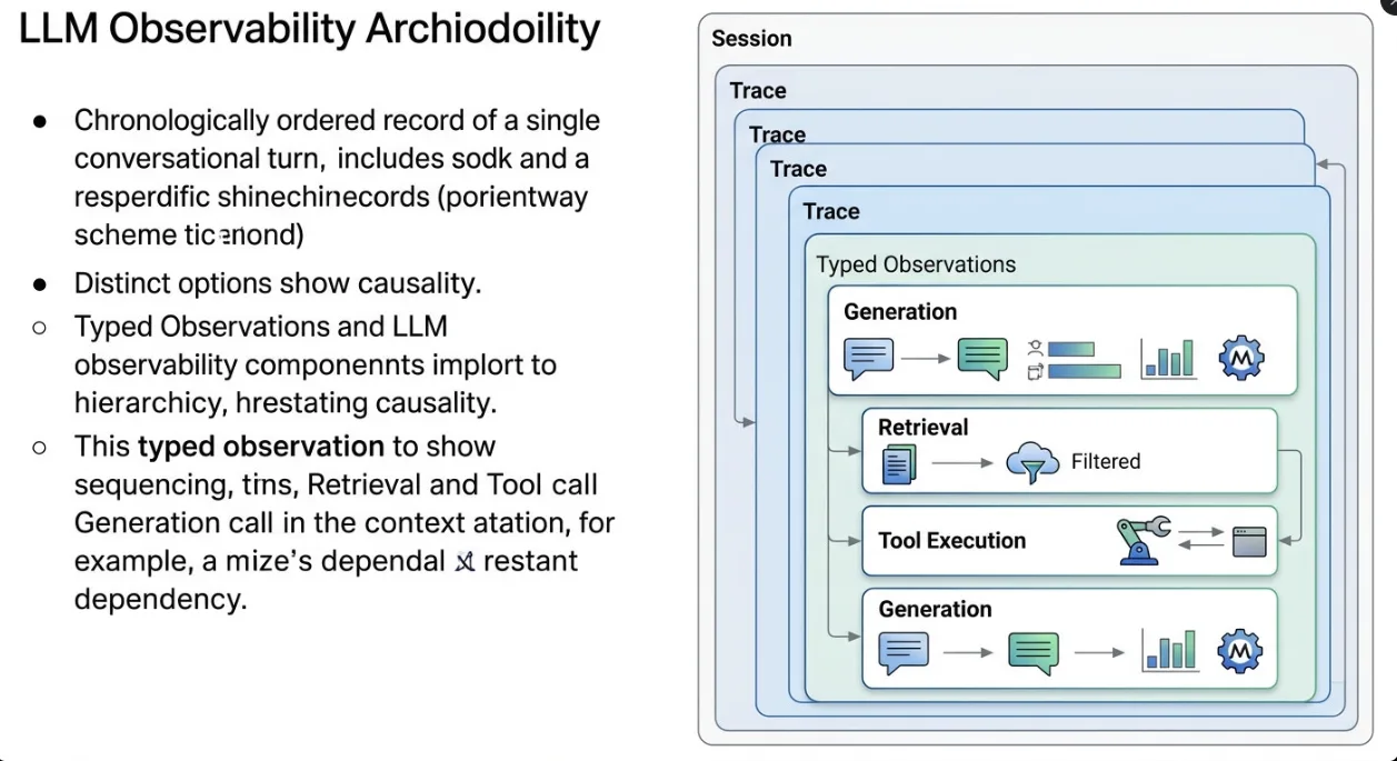 A technical architecture diagram showing the relationship between a Session, chronologically ordered Traces, and nested typed Observations. It illustrates how a single Trace contains nested boxes representing specific operations like retrieval, tool execution, and generation, complete with metadata like token counts and model names.
