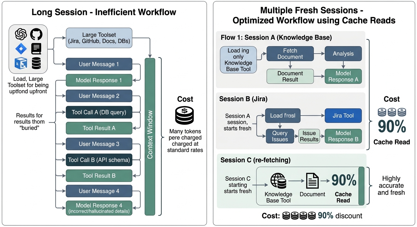 A side-by-side comparison: a long session showing high input costs and degraded response quality versus multiple fresh sessions using 'Cache Reads' for tool schemas at 90% lower cost with high response accuracy.