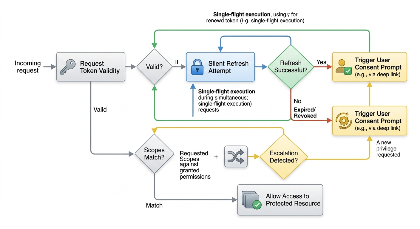A decision flowchart illustrating the logic path for an incoming request: checking token validity, detecting scope escalation, managing single-flight silent refreshes to prevent race conditions, and identifying the specific conditions that trigger a user consent prompt.