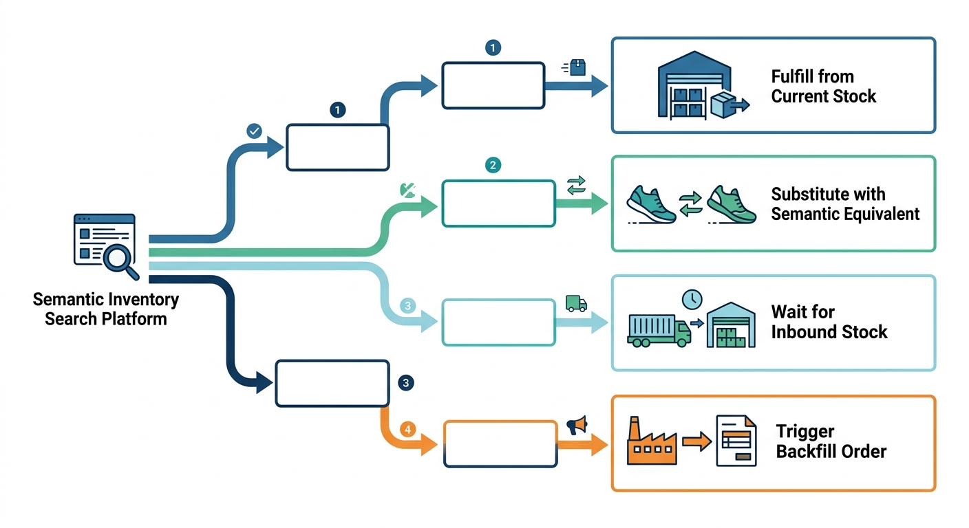 A decision flow diagram showing how semantic search results lead to specific operational outcomes: fulfilling from current stock, substituting with semantic equivalents, waiting for inbound stock, or triggering backfill orders.